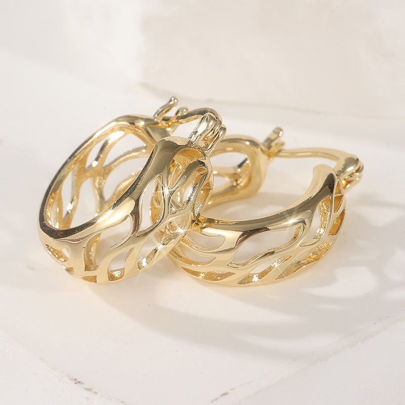 Golden Colored Openwork Hoop Earrings, Nature-Inspired